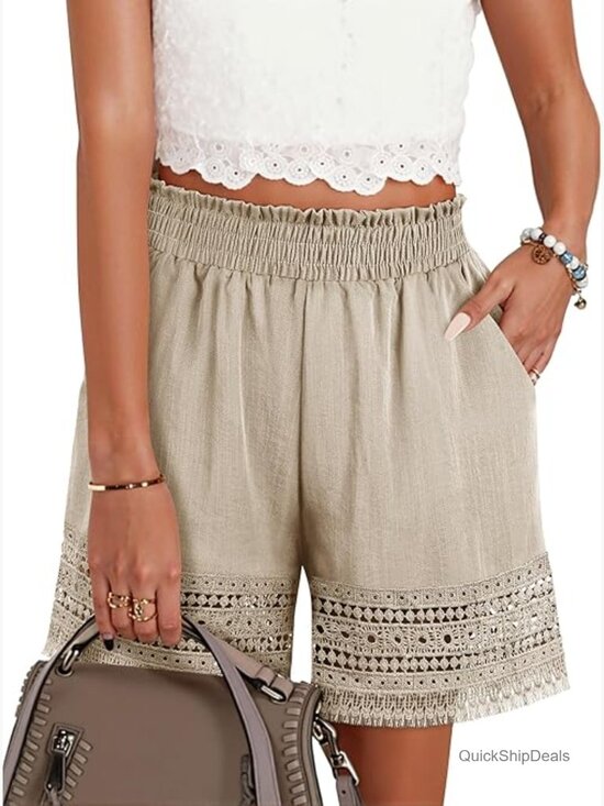 Other - Casual Elastic Waist Lace Trim Linen Ruffle Shorts
